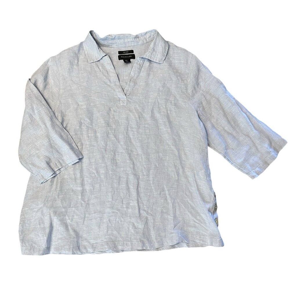 Tahari Linen Tunic Top Size 2X Blue Chambray 3/4 Sleeve V-Neck Lagenlook Beachy